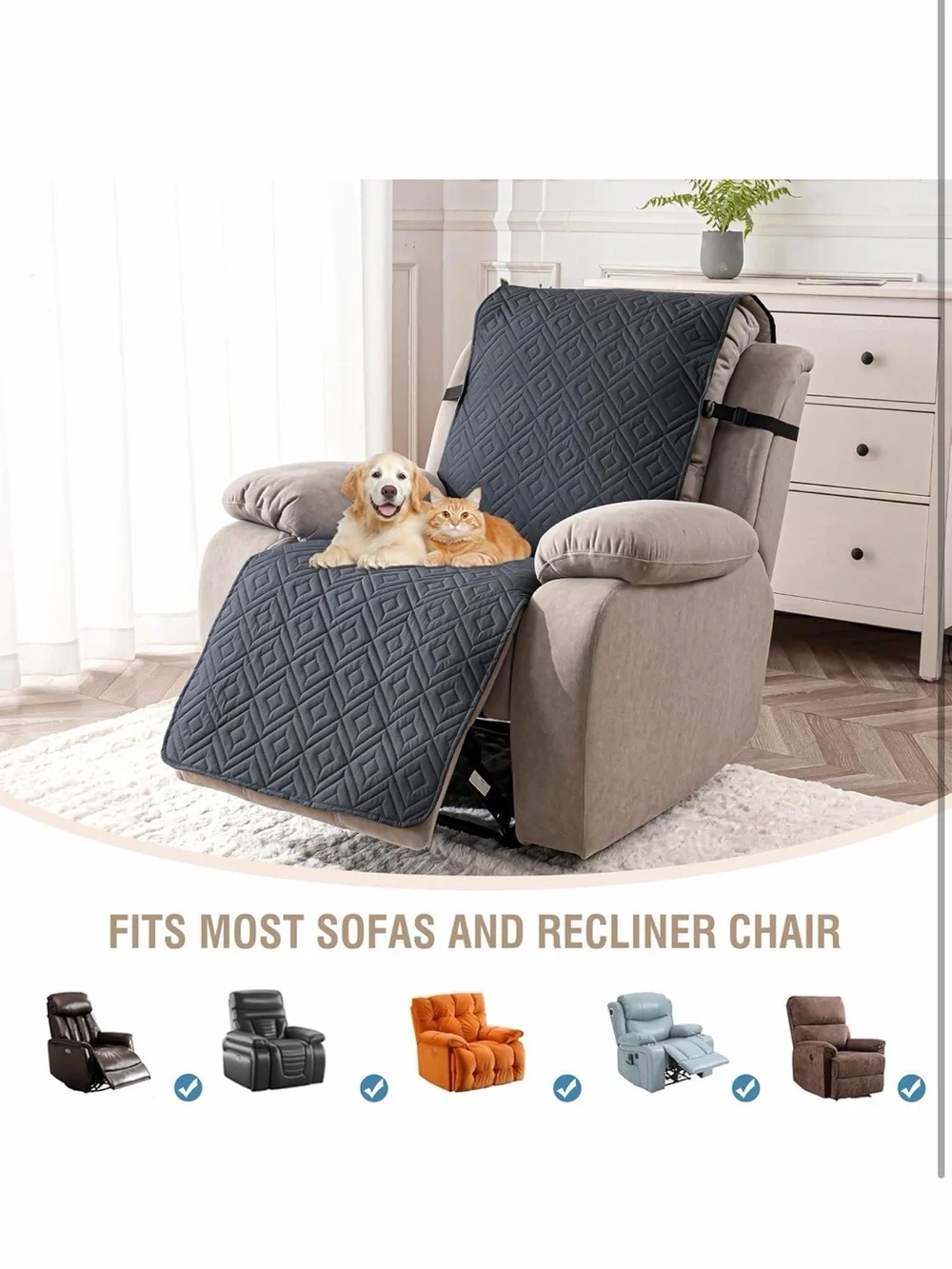 Genina Waterproof Oversized Quilted Recliner Cover 28'' / Dark Grey